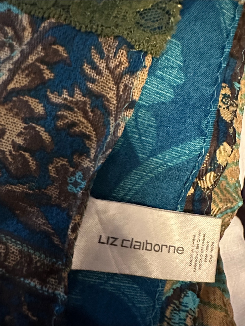 Liz Claiborne Teal and Brown Botanical Print scarf, 100% silk